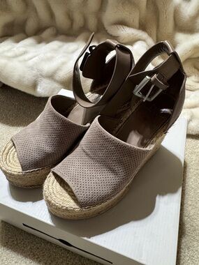 Marc Fisher Taupe Perforated Espadrille Wedge Sandals with Ankle Strap